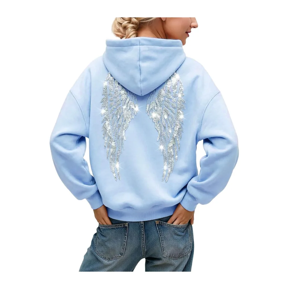 Pull Ange Sweat a Capuche avec Ailes d'ange en Strass et Poches — F03 Bleu Clair