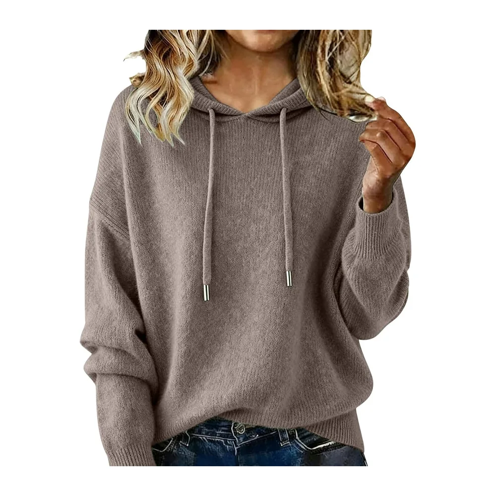 Pull Tricoté Automne Manche Longue Couleur Uni Chic et Elegant Hoodie — Marron