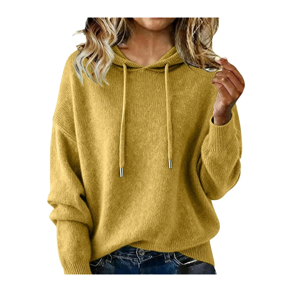 Pull Tricoté Automne Manche Longue Couleur Uni Chic et Elegant Hoodie — Jaune