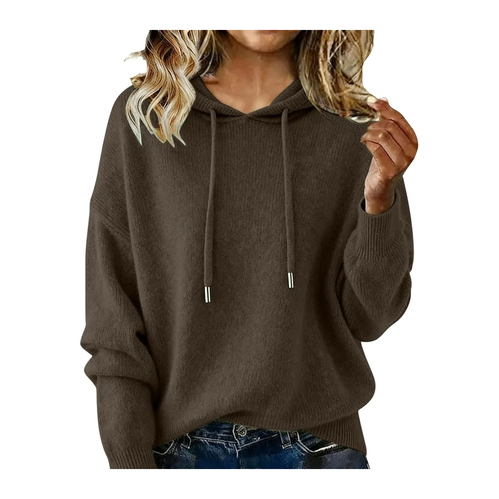 Pull Tricoté Automne Manche Longue Couleur Uni Chic et Elegant Hoodie — Café