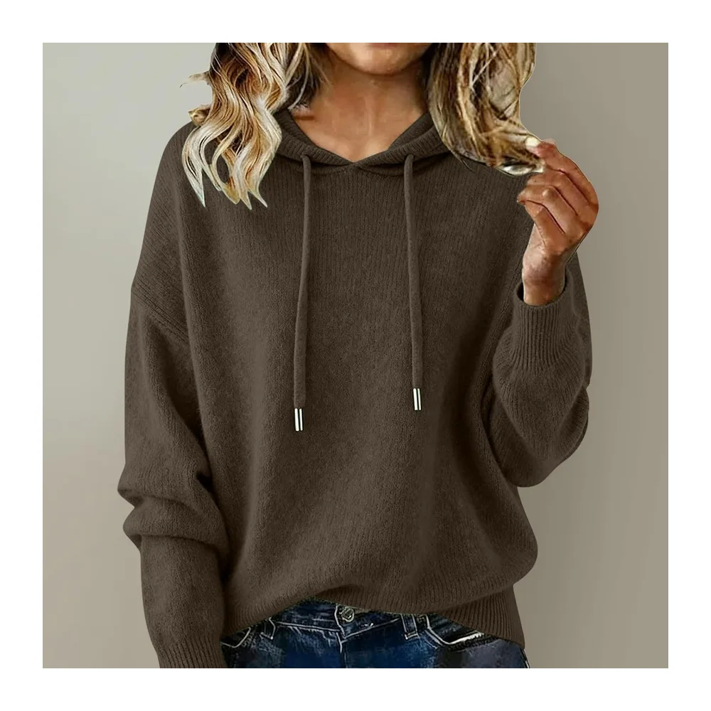 Pull Tricoté Automne Manche Longue Couleur Uni Chic et Elegant Hoodie — Café