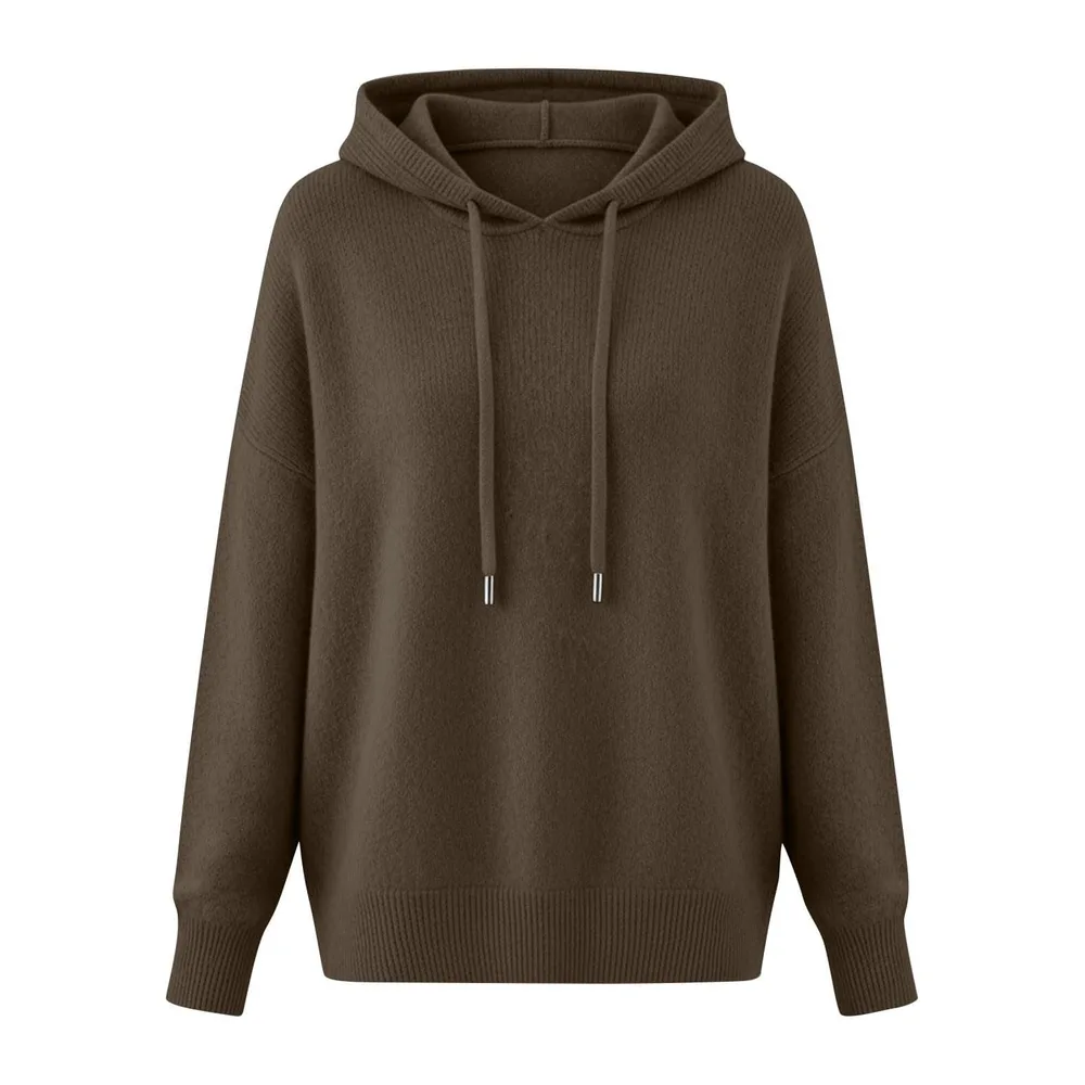 Pull Tricoté Automne Manche Longue Couleur Uni Chic et Elegant Hoodie — Café