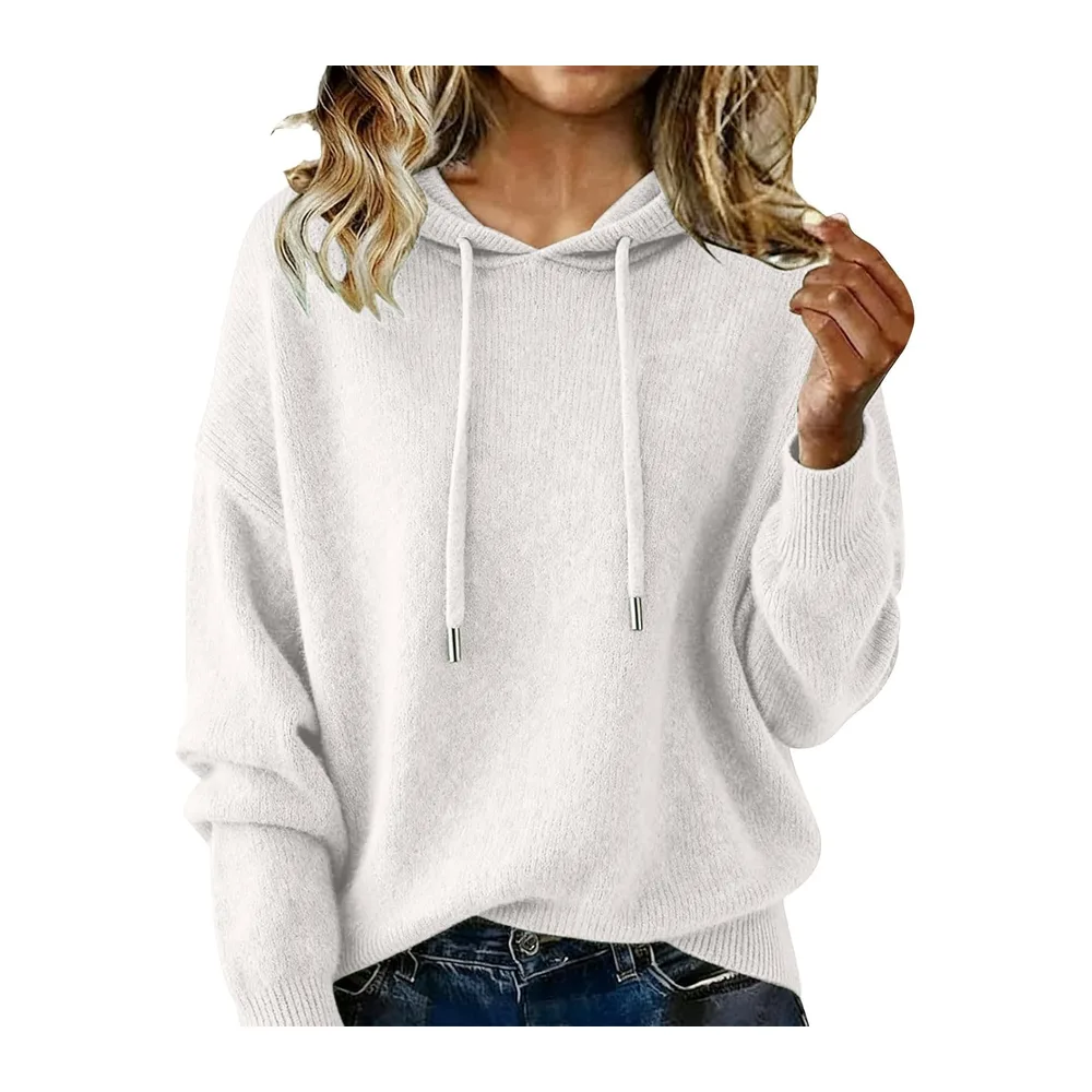 Pull Tricoté Automne Manche Longue Couleur Uni Chic et Elegant Hoodie — Blanc