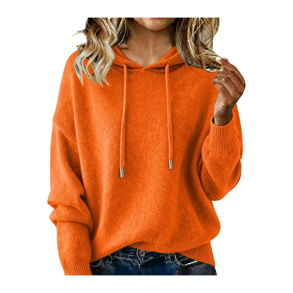 Pull Tricoté Automne Manche Longue Couleur Uni Chic et Elegant Hoodie — Orange