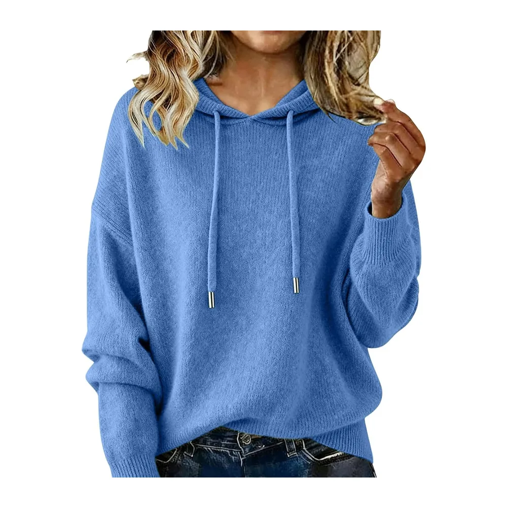 Pull Tricoté Automne Manche Longue Couleur Uni Chic et Elegant Hoodie — Bleu