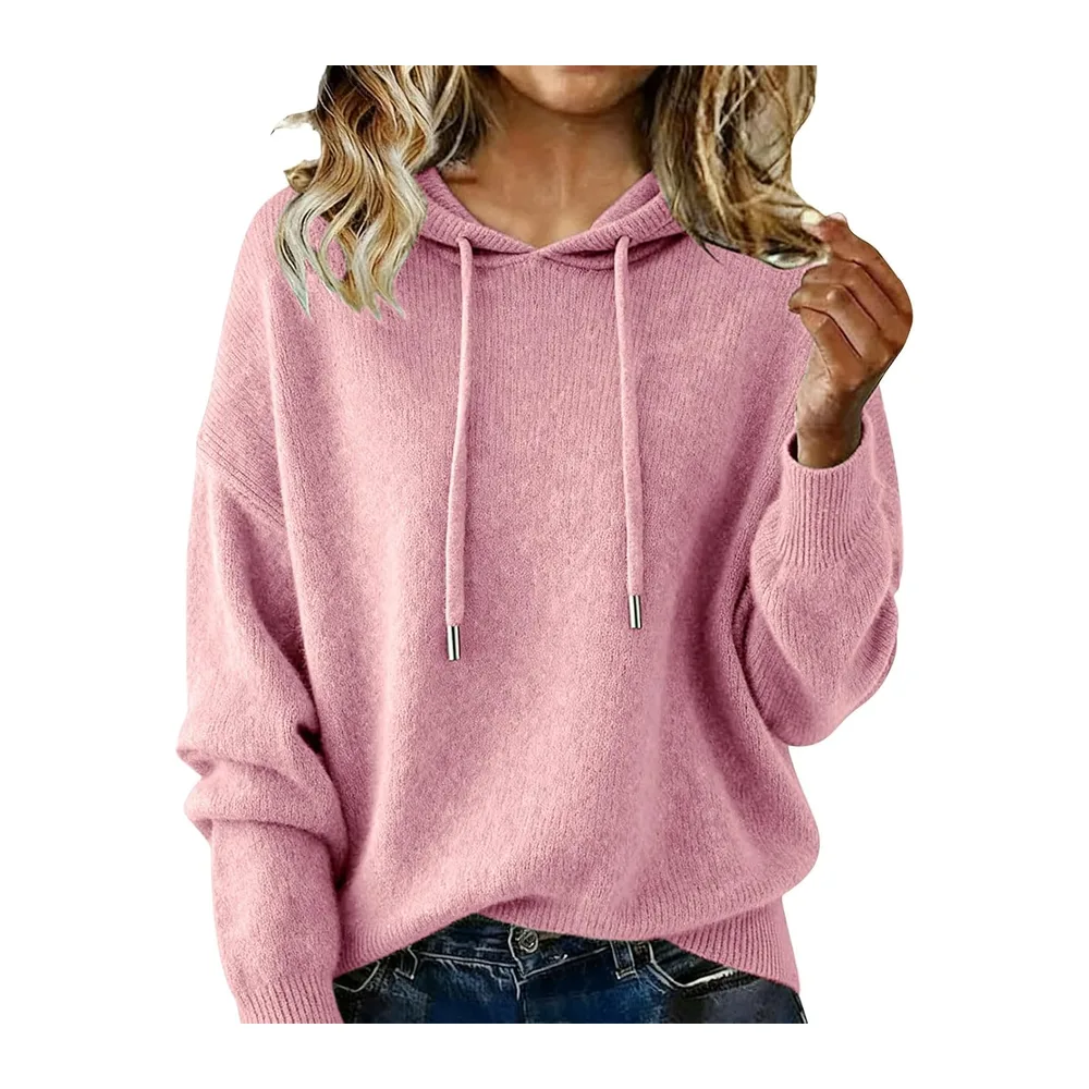 Pull Tricoté Automne Manche Longue Couleur Uni Chic et Elegant Hoodie — Rose