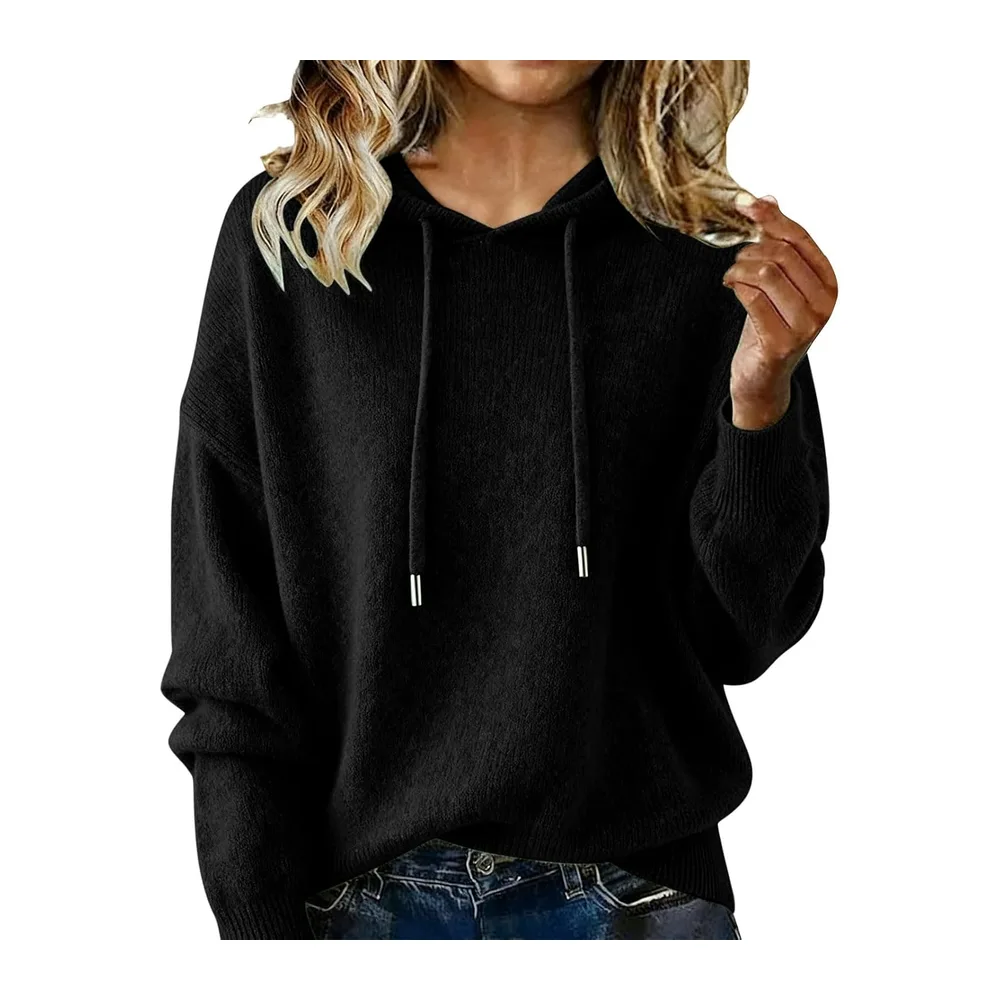 Pull Tricoté Automne Manche Longue Couleur Uni Chic et Elegant Hoodie — Noir