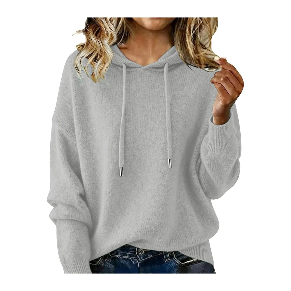 Pull Tricoté Automne Manche Longue Couleur Uni Chic et Elegant Hoodie — Gris