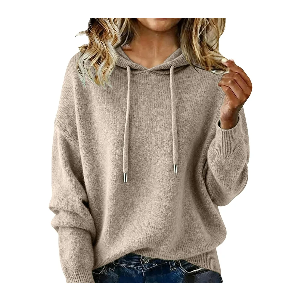 Pull Tricoté Automne Manche Longue Couleur Uni Chic et Elegant Hoodie — Beige